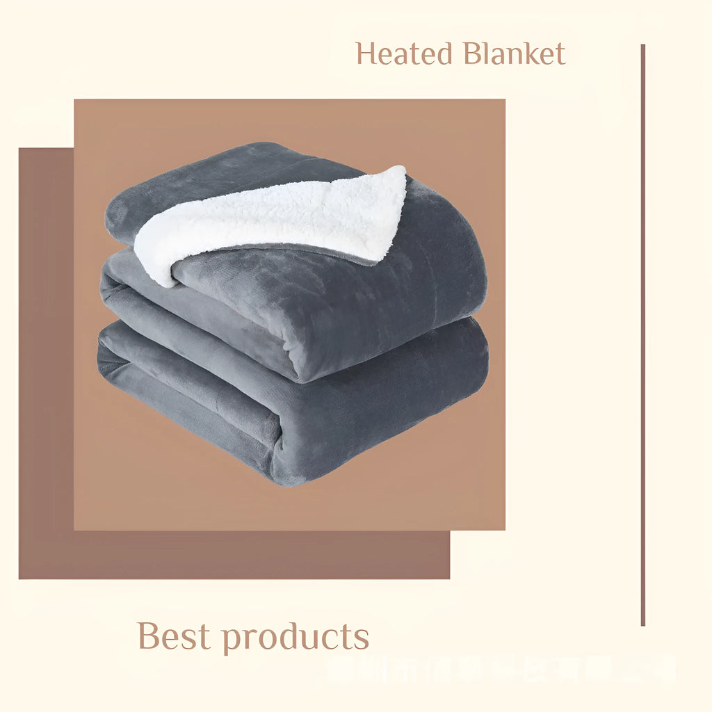 Grey and white USB electric heating blanket with temperature controls on soft flannel fabric