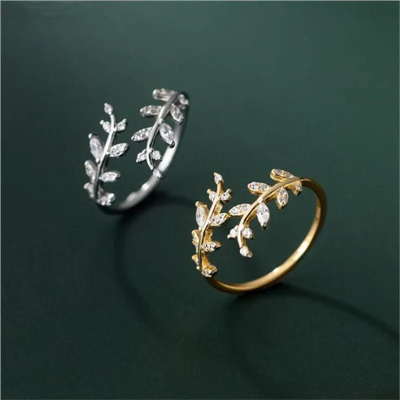 Women's copper leaf branch ring with geometric design in gold or silver electroplated finish