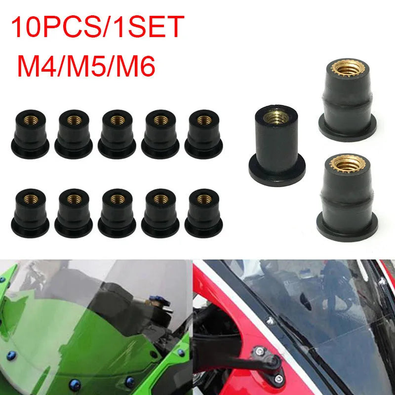 Black motorcycle windshield rubber brass nuts in M4 M5 M6 sizes with expansion rubber design