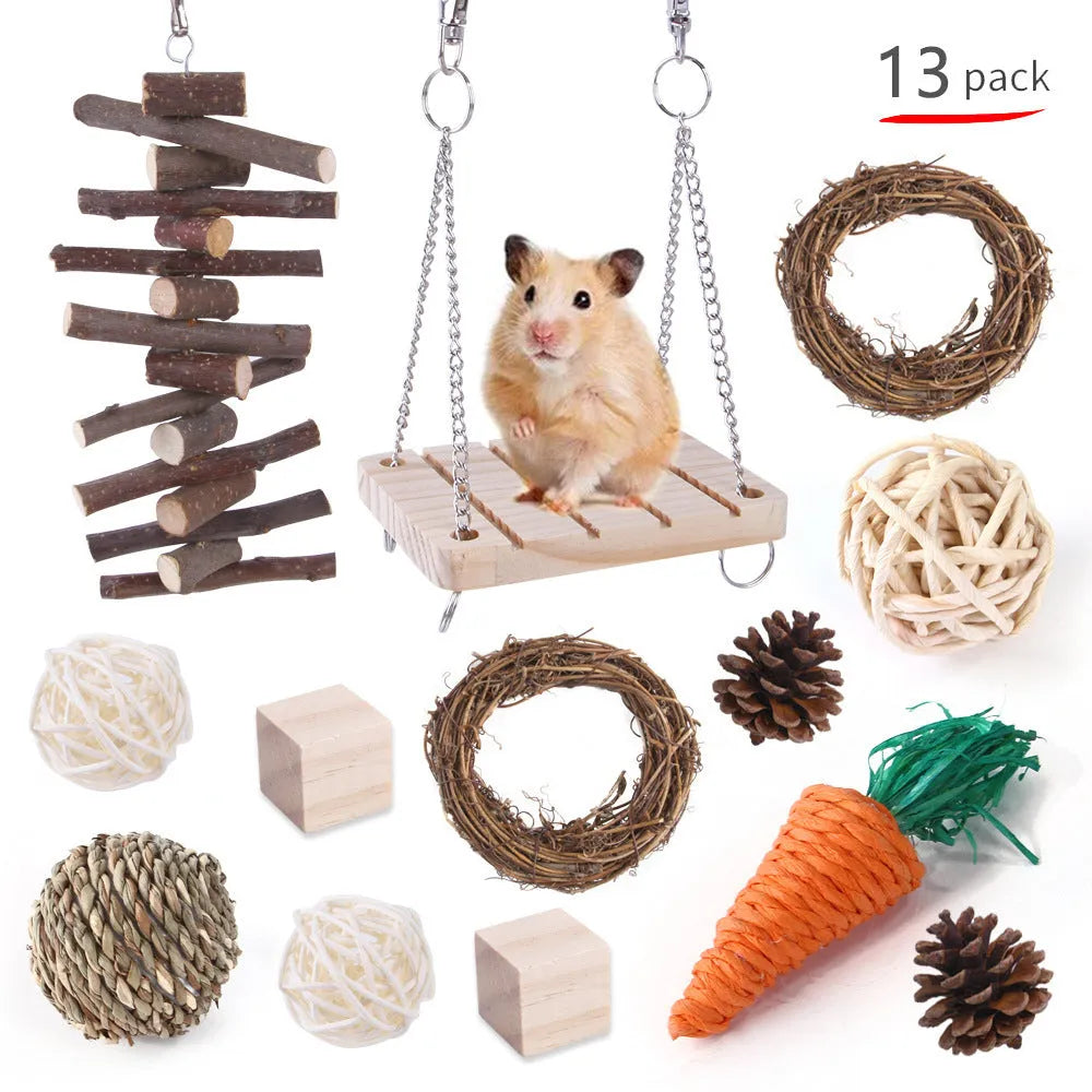 Wooden pet chewing toy set for rabbits guinea pigs parrots with various natural material components