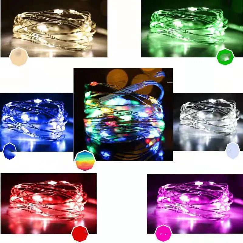 12-metre long copper wire LED string lights with 120 small bulbs, showing yellow, green, blue, and warm white colour options.
