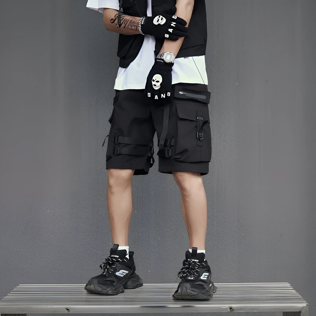 Men's black acetate fibre straight cut workwear shorts for summer in street style
