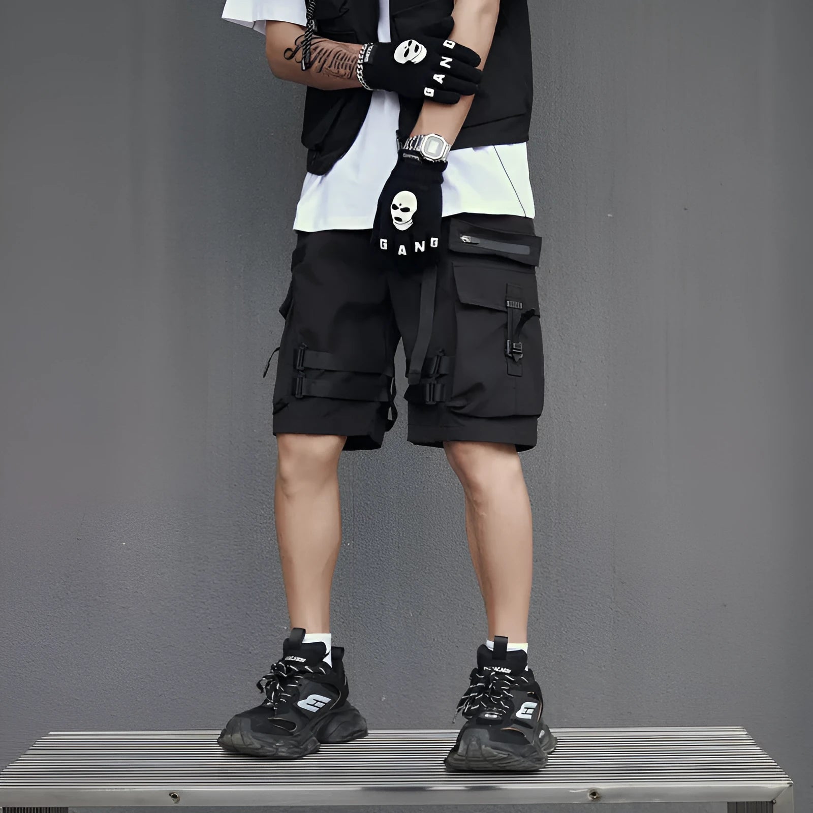 Men's black acetate fibre straight cut workwear shorts for summer in street style