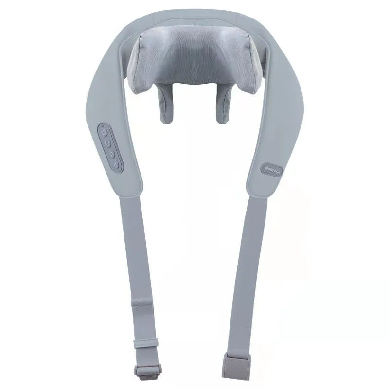 Grey elastic fabric neck and back massager with infrared physiotherapy function and USB charging port