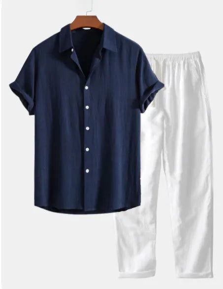 Men's casual cotton linen beachwear suit with half sleeve shirt and matching shorts