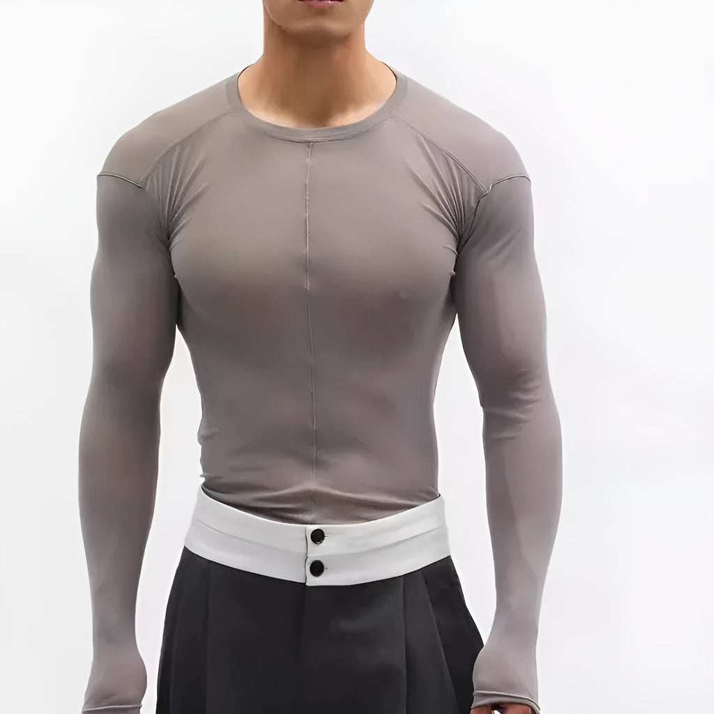 Black mesh see-through slim-fit PU pullover with long sleeves and round collar