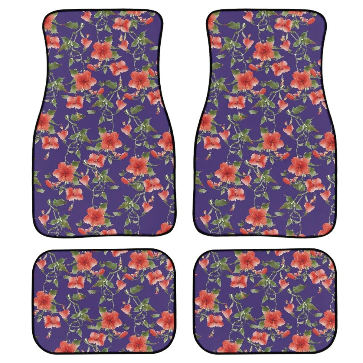 Four-piece set of thick black rubber car floor mats with anti-slip backing for universal vehicle fit.
