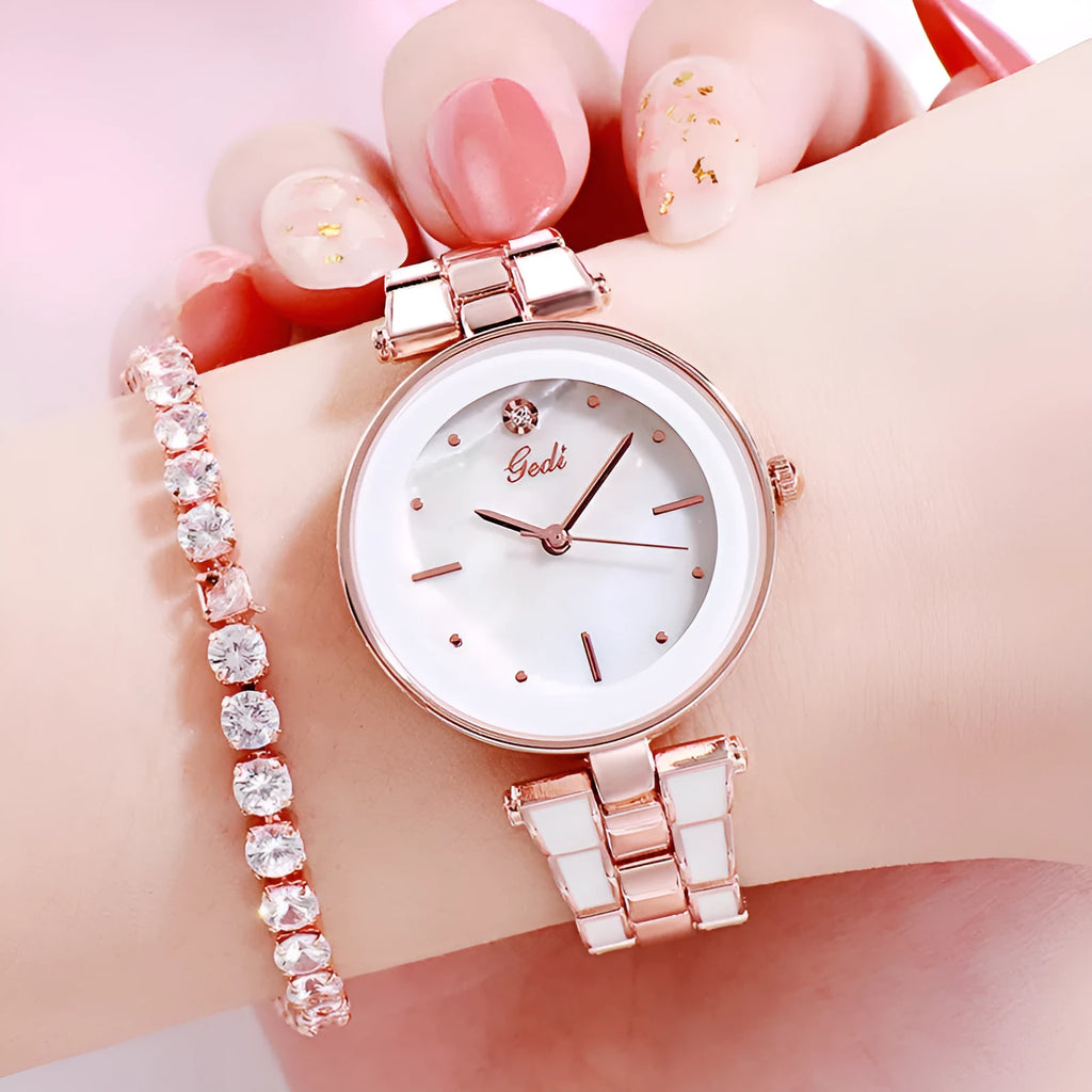 Round white dial ladies quartz watch with stainless steel strap and rose gold accents