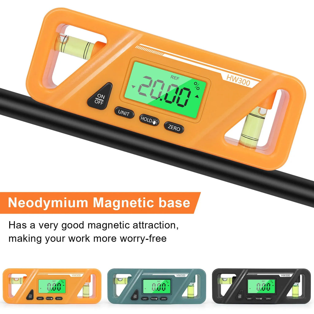 Digital magnetic inclinometer level meter showing angle reading on display, placed on a metal surface.