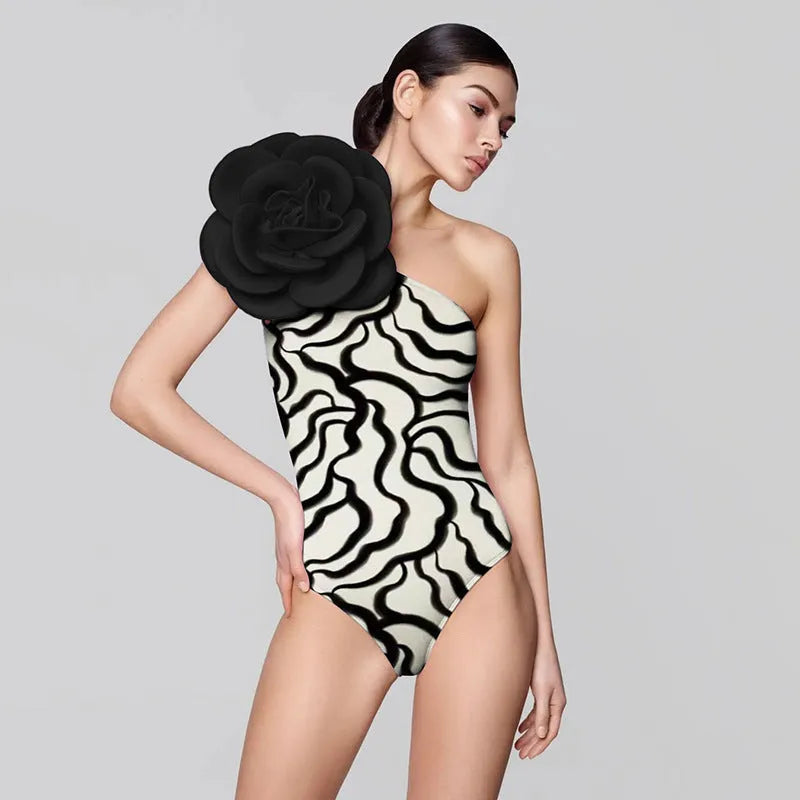 Women's one-piece swimsuit with three-dimensional flower prints in European American style