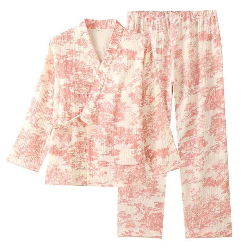 Ladies' pure cotton gauze trouser suit with lace-up detailing in blue frosted pine trees colour