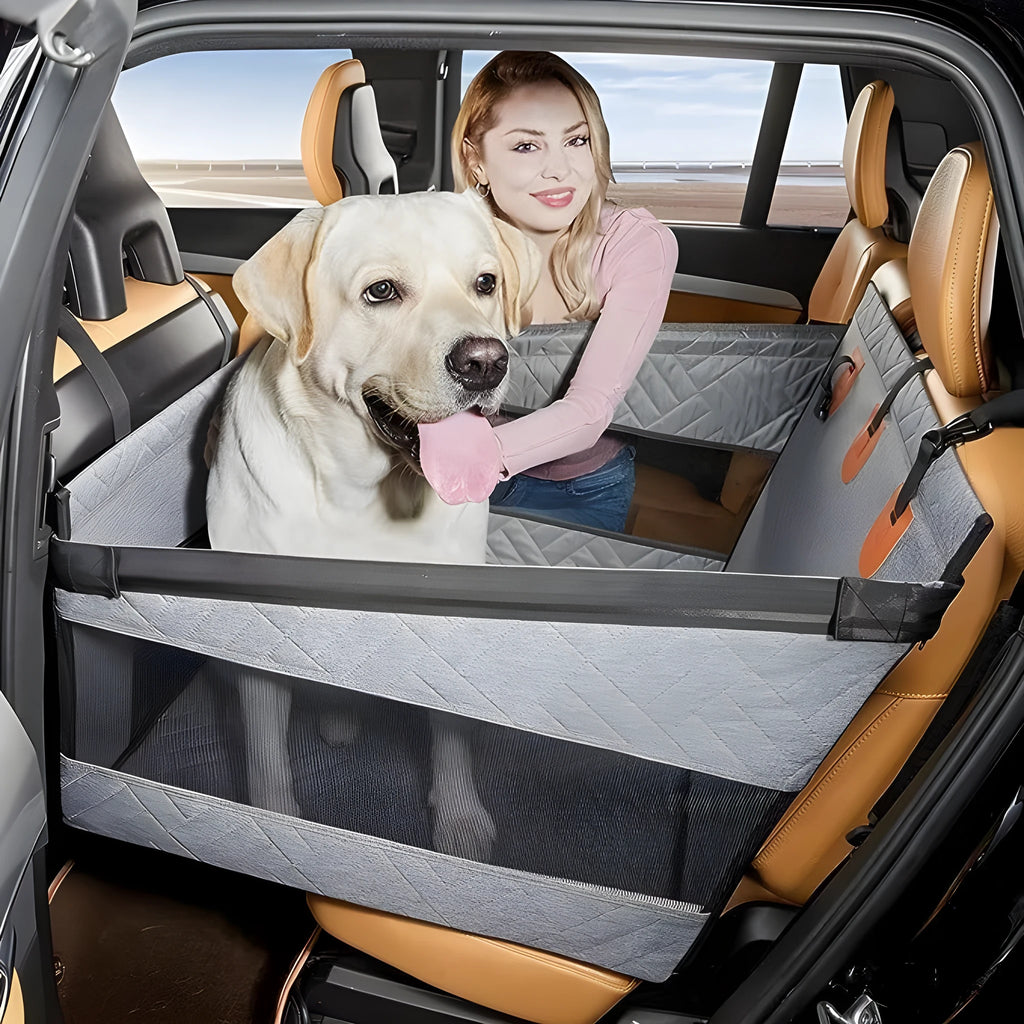 Grey cloth water resistant dog bed measuring 56x56x40cm for car and indoor use