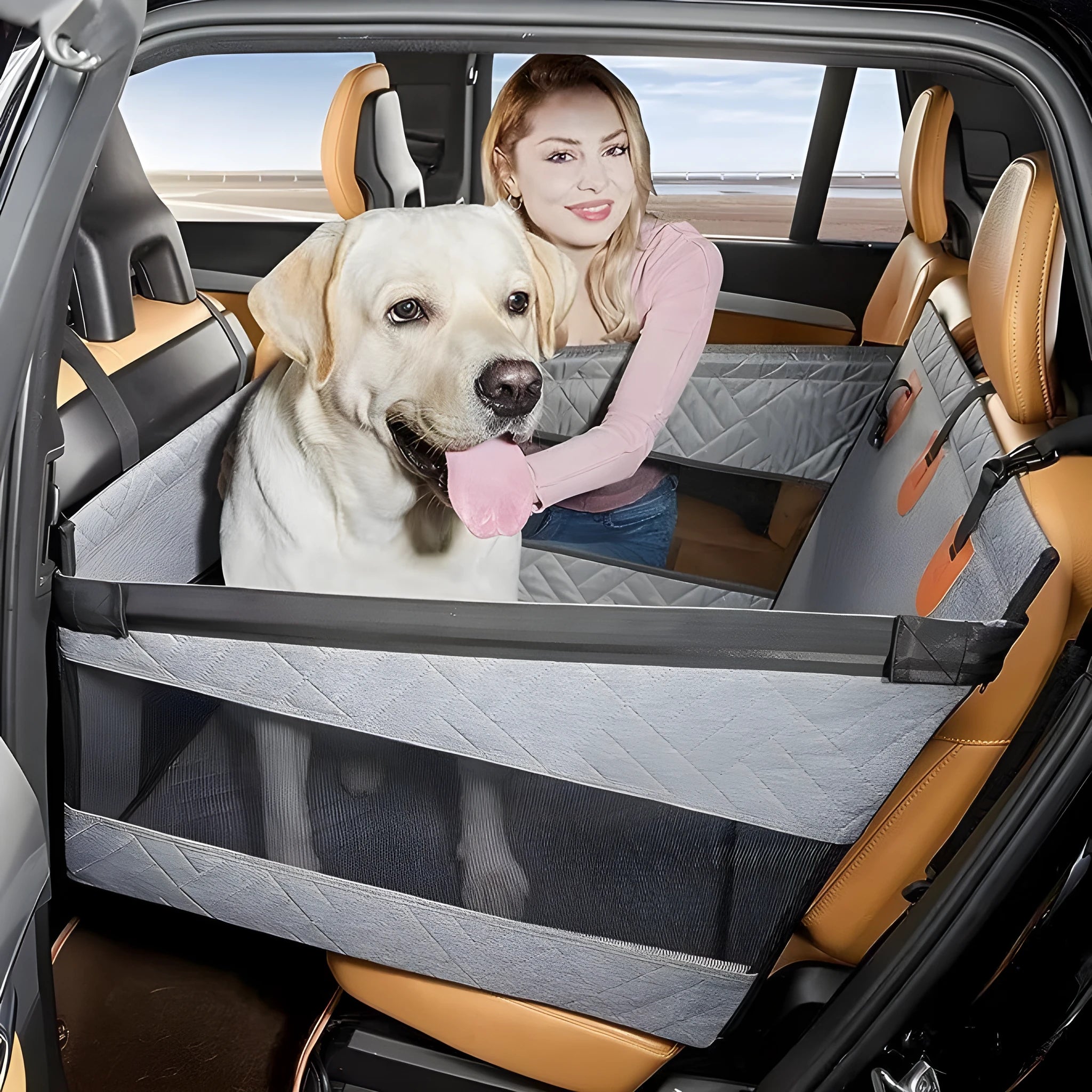 Grey cloth water resistant dog bed measuring 56x56x40cm for car and indoor use