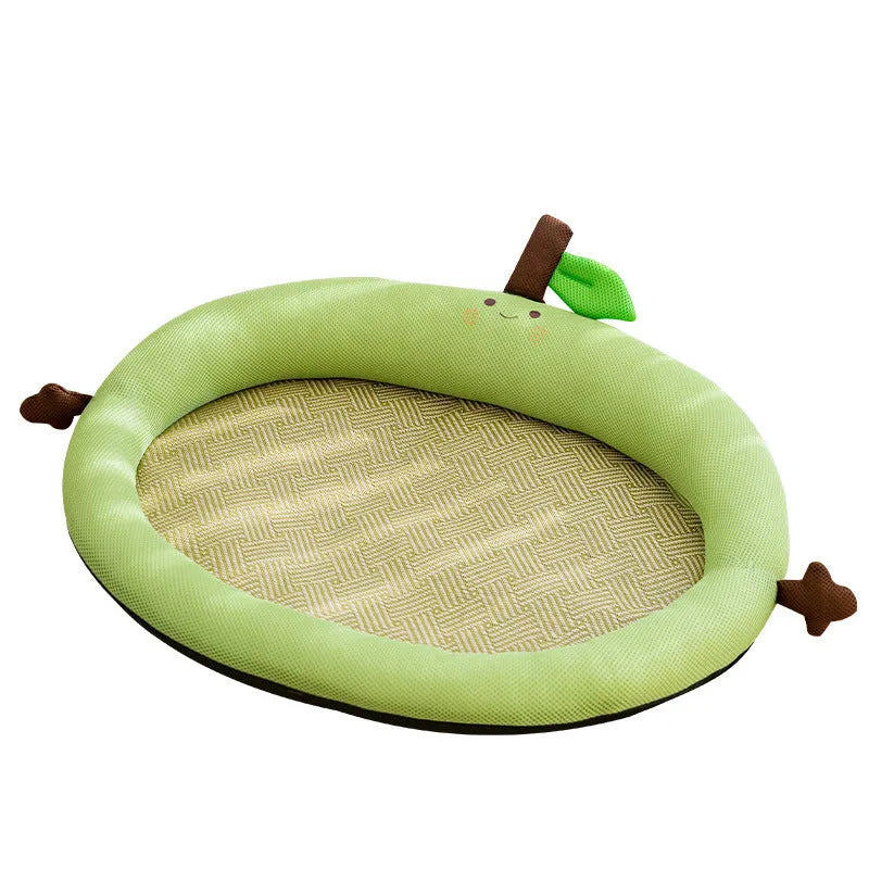 Green pet bed with fruit-shaped backrest and raised edges, shown in large size