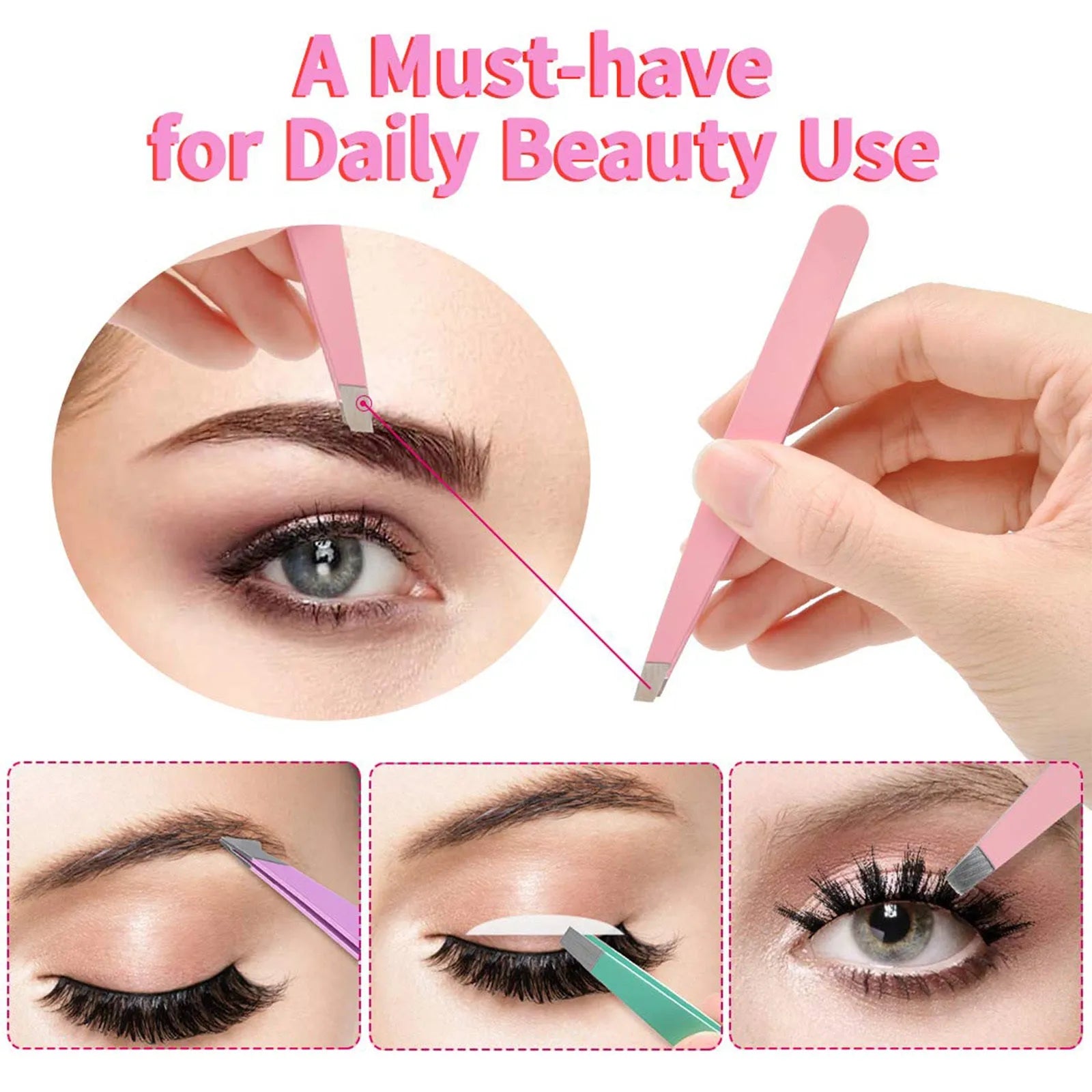 Professional eyebrow tweezers set showing stainless steel tools in leather case with protective covers