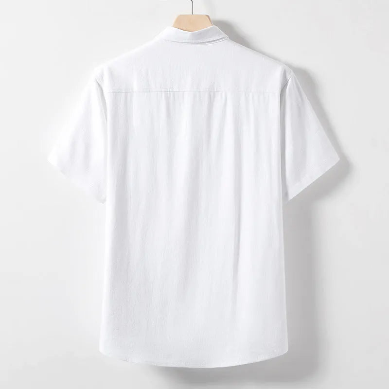 Men's loose lapel linen T-shirt in hemp blend fabric, shown in solid colour options.