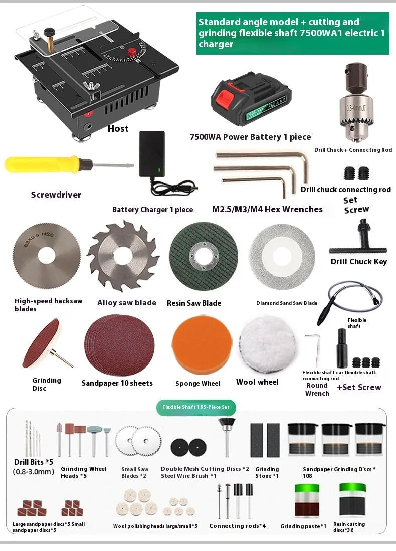 Lithium ion micro household desktop saw with metal construction and rechargeable battery system
