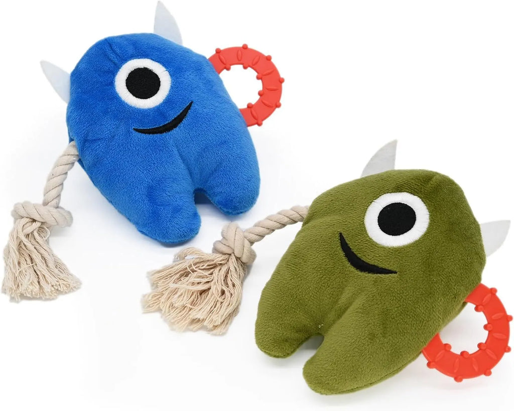 Large blue plush and rope dog chew toy with squeaker for aggressive chewing and tugging play