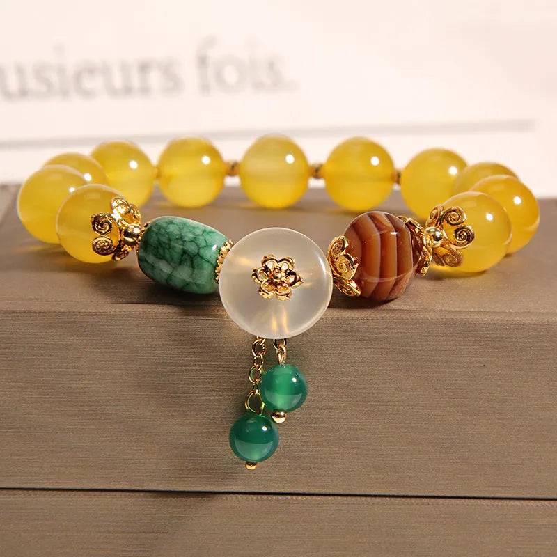 Yellow agate crystal women's bracelet with gold silk detailing, Japanese and South Korean style