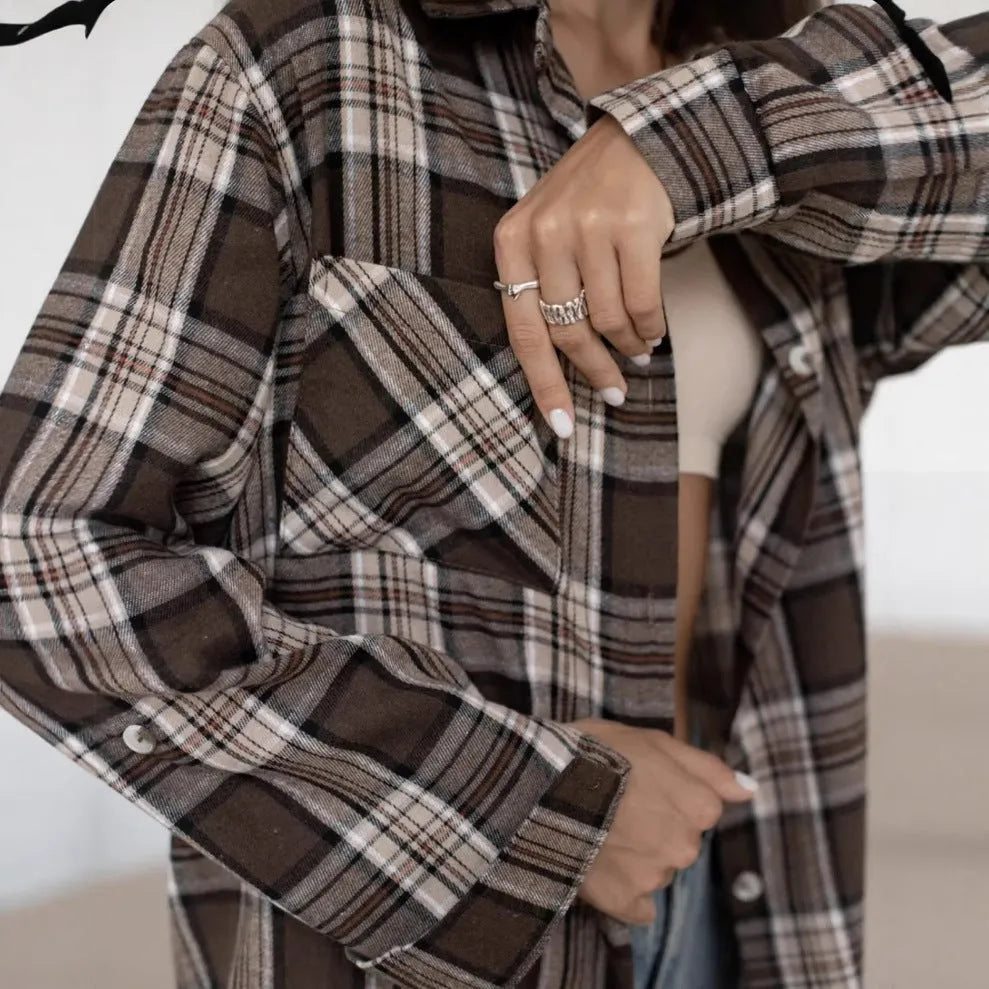 Dark brown striped women's retro cotton shirt with long sleeves and pocket option