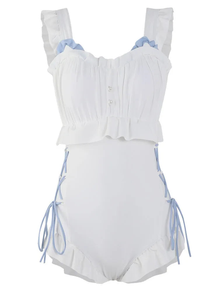 Milky white backless one-piece swimsuit for women on a hanger