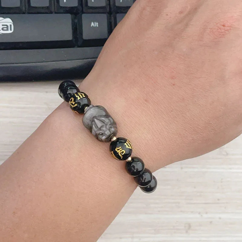Men's silver bracelet with engraved zodiac symbols and Chinese proverbs on silver stone beads
