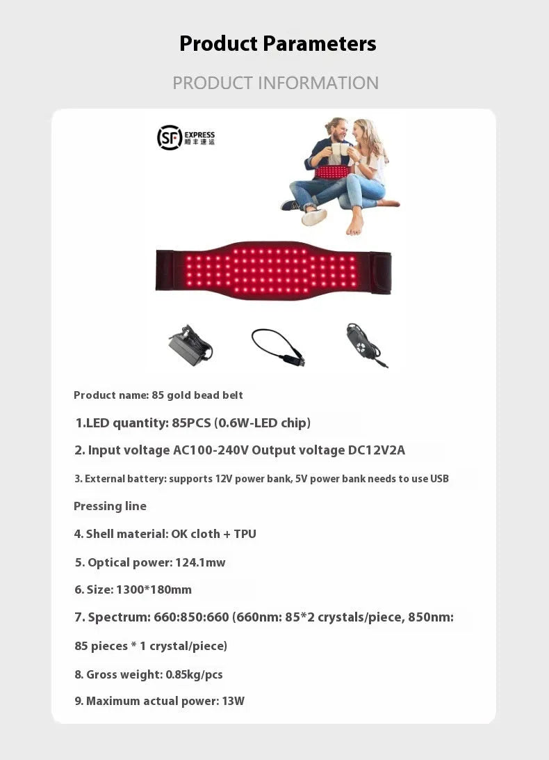 Black infrared therapy belt for waist and back pain relief with red light technology