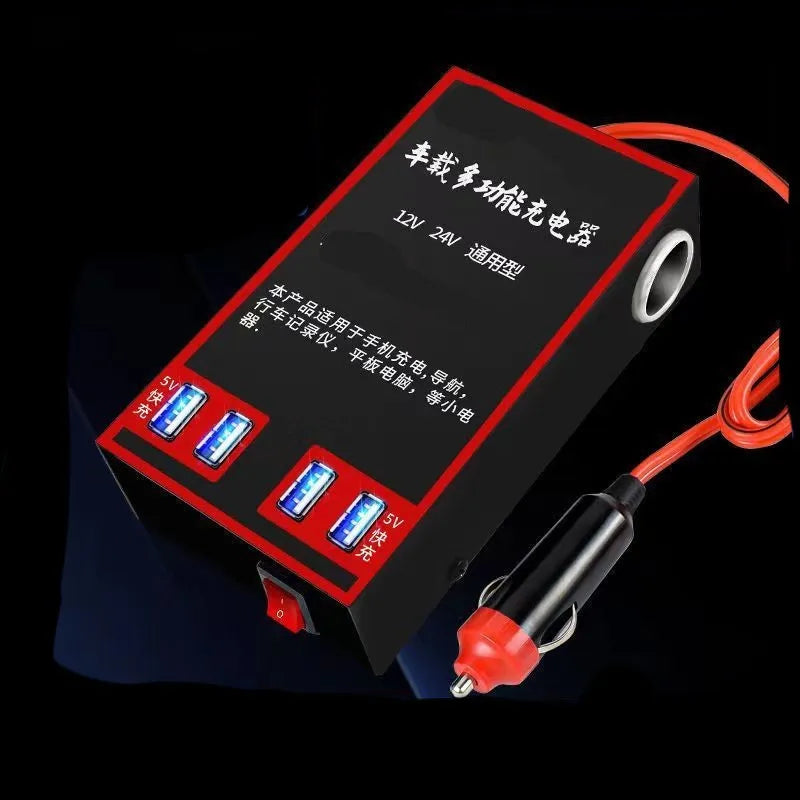 Black automotive power converter transforming 12V 24V vehicle power to 220V AC with USB charging ports