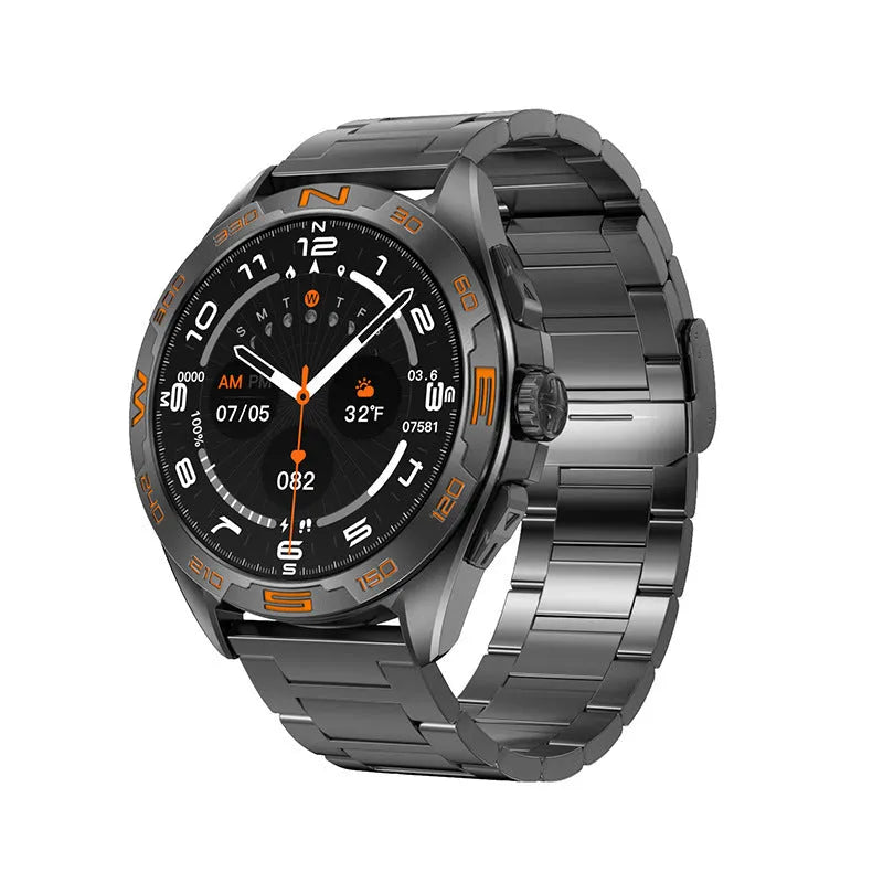 Black steel smartwatch showing display with health stats and WhatsApp notification on wrist