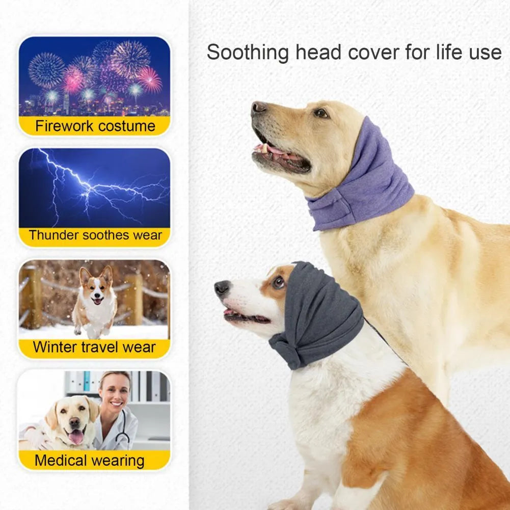Dog wearing black calming hoodie head cover with ear wraps for noise reduction and anxiety relief