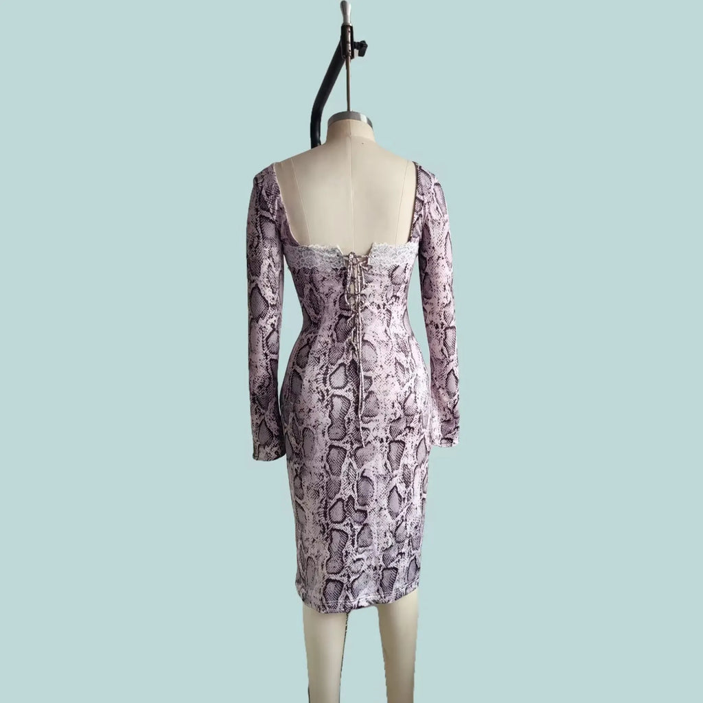 Grey women's slim fit lace dress with 3D printed pattern and long sleeves