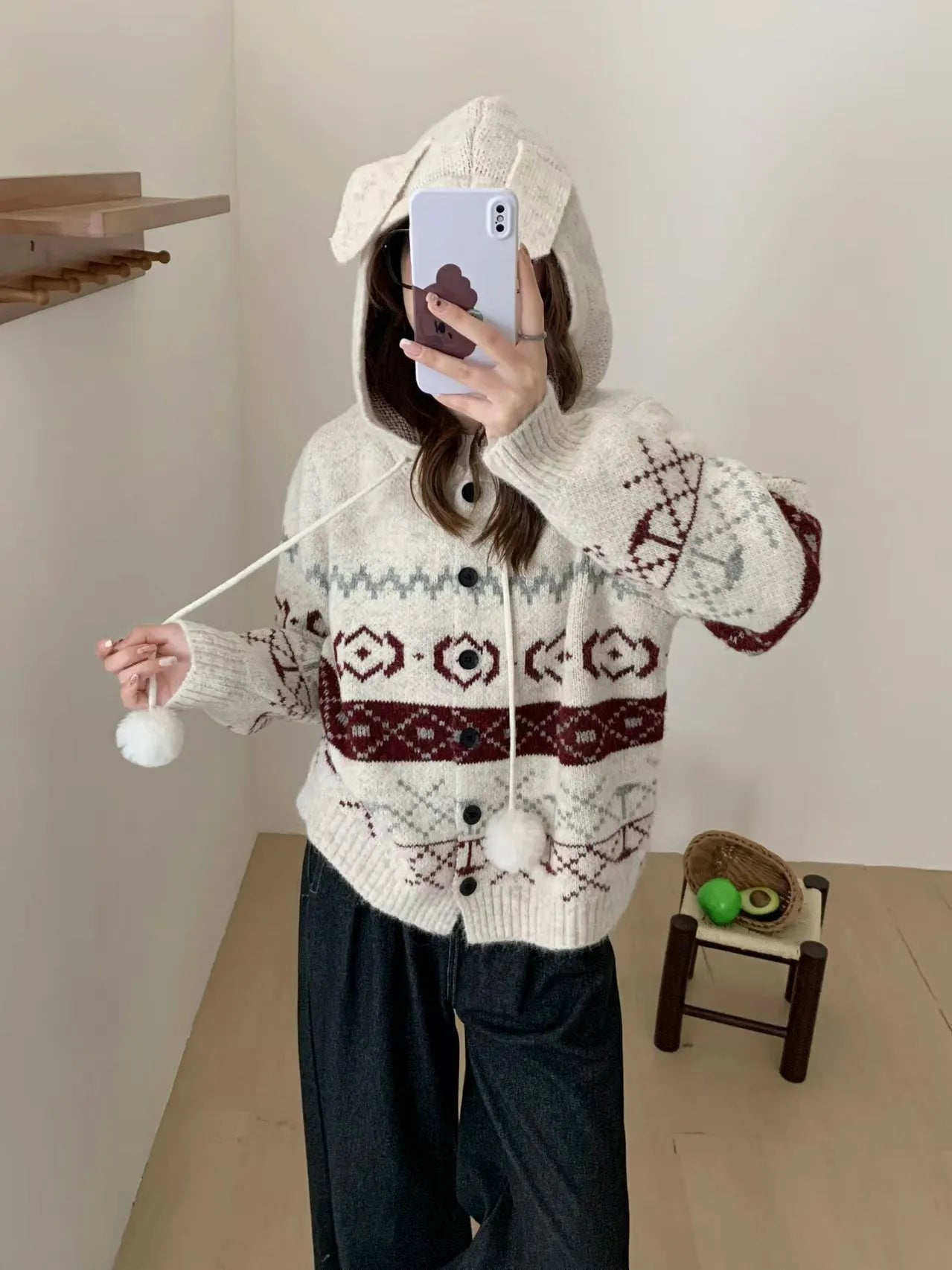 Women's plus size brocade sweater coat with geometric pattern in loose fit free size