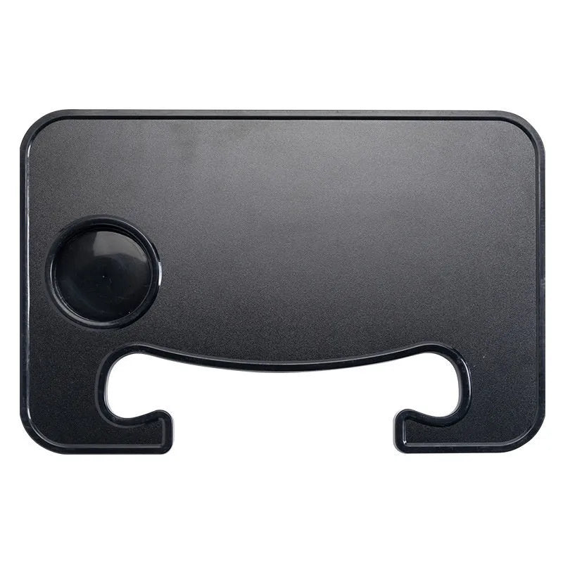 Black foldable car steering wheel laptop stand with integrated cup holder on a car seat.