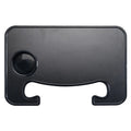 Black foldable car steering wheel laptop stand with integrated cup holder on a car seat.