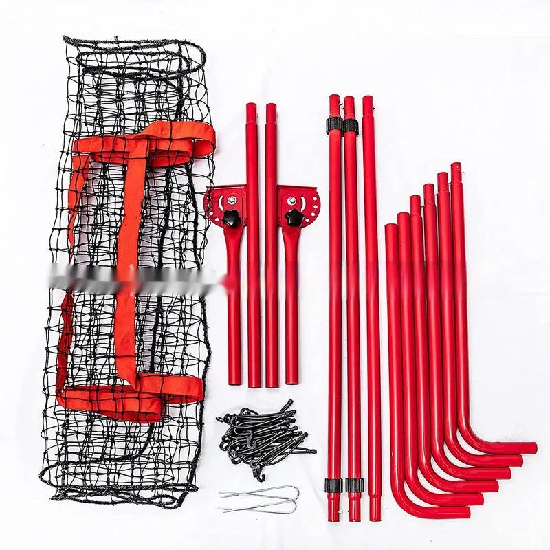 Red portable baseball training net with adjustable metal frame shown at 4x6 foot size