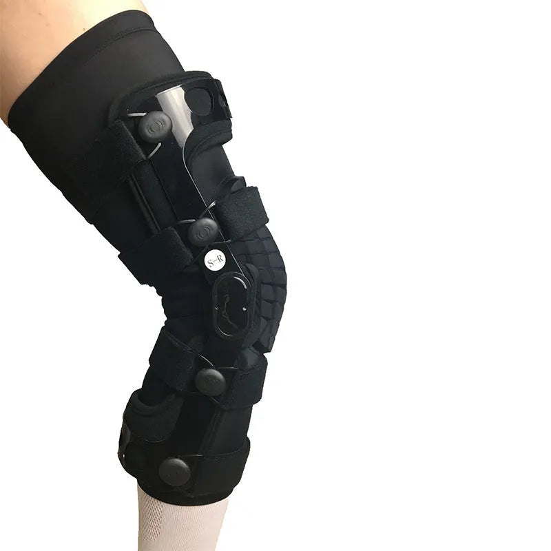 Black anterior ligament knee pad supporter showing side-specific sizing options.