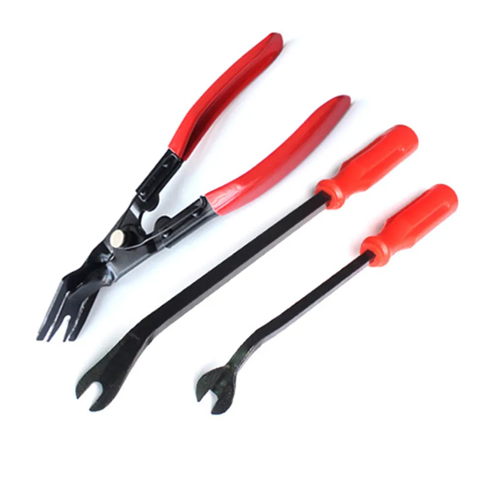 Automotive door panel clip removal tool with horn nailing design and red-handled light switch pliers