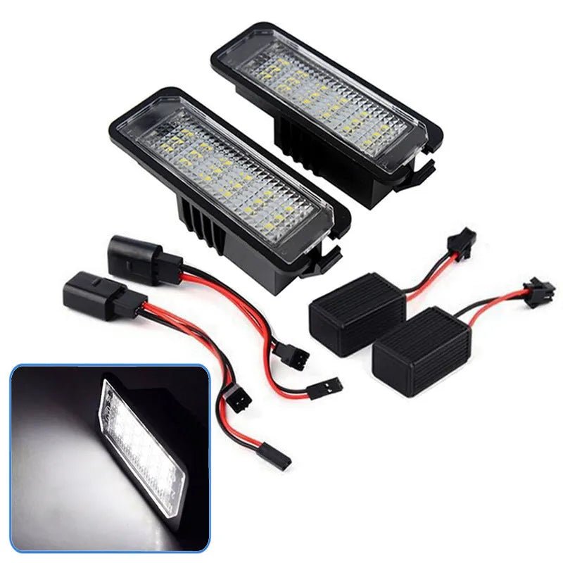 Volkswagen LED licence plate light upgrade kit for Golf, Polo, Phaeton models with white light.
