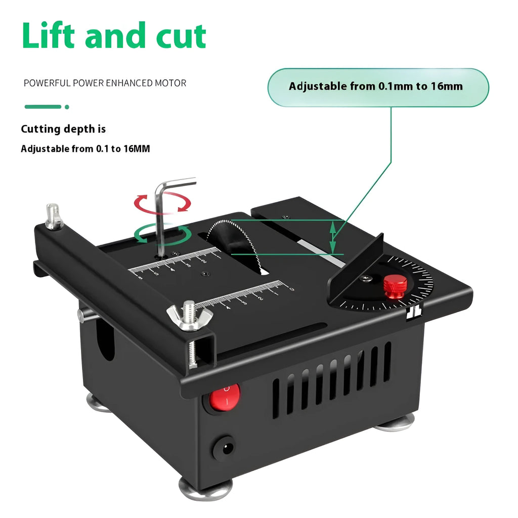 Lithium ion micro household desktop saw with metal construction and rechargeable battery system