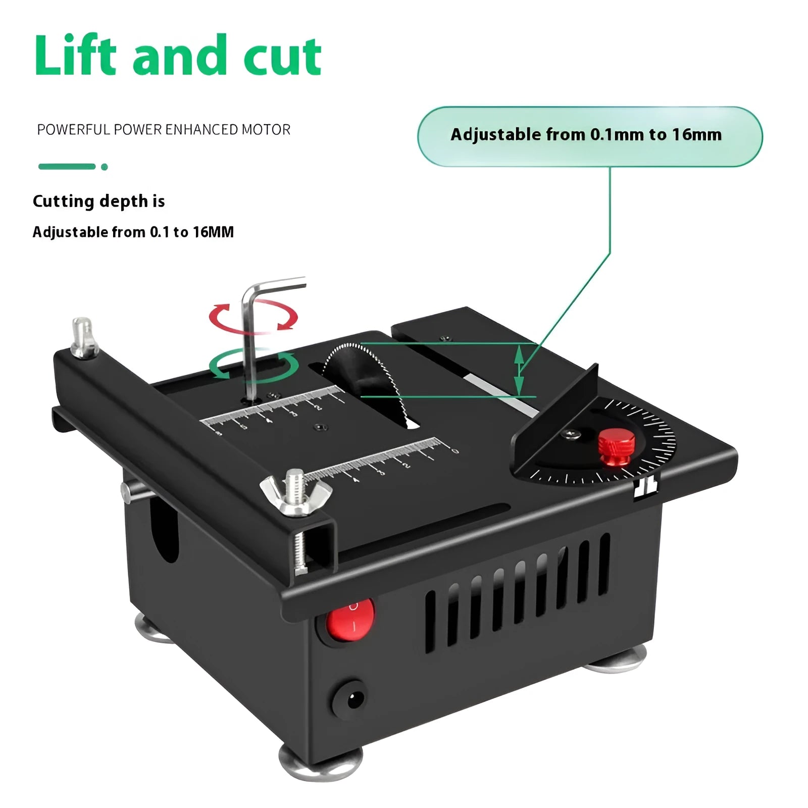 Lithium ion micro household desktop saw with metal construction and rechargeable battery system