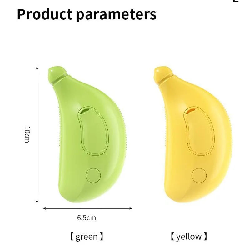 Rechargeable cat steam brush in green or yellow, showing round teeth with cat paw-shaped ends for grooming.
