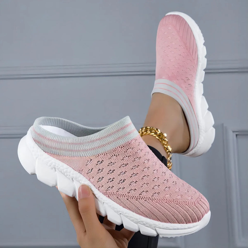 Women's Flyknit semi-slipper shoes in striped pattern with hollowed-out breathable design