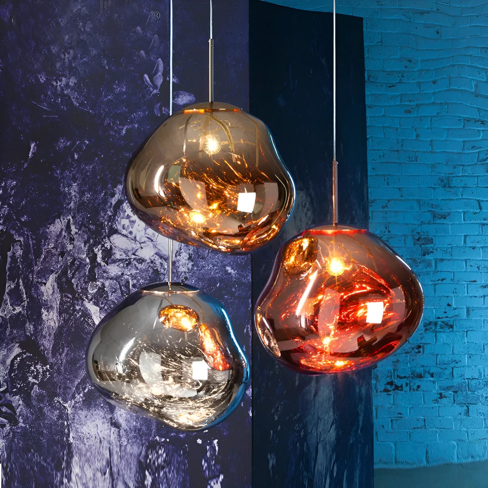 Nordic lava lamp chandelier with irregular glass design in gold, silver, or wine red colour options