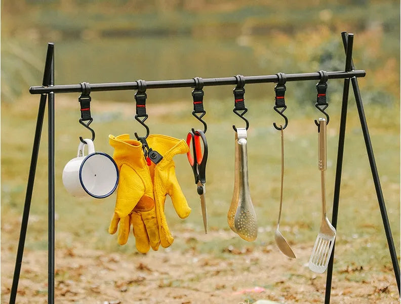 Aluminium alloy foldable camping clothes drying rack with triangular frame and 5 hooks
