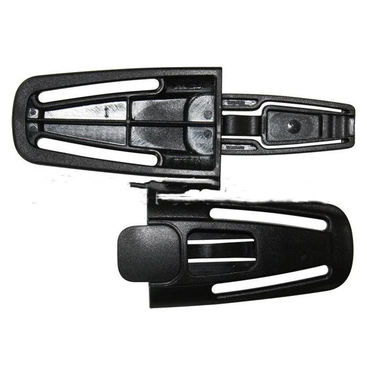 Black nylon seat belt buckle clip for child car seat 5-point harness, measuring 14.5cm by 4cm