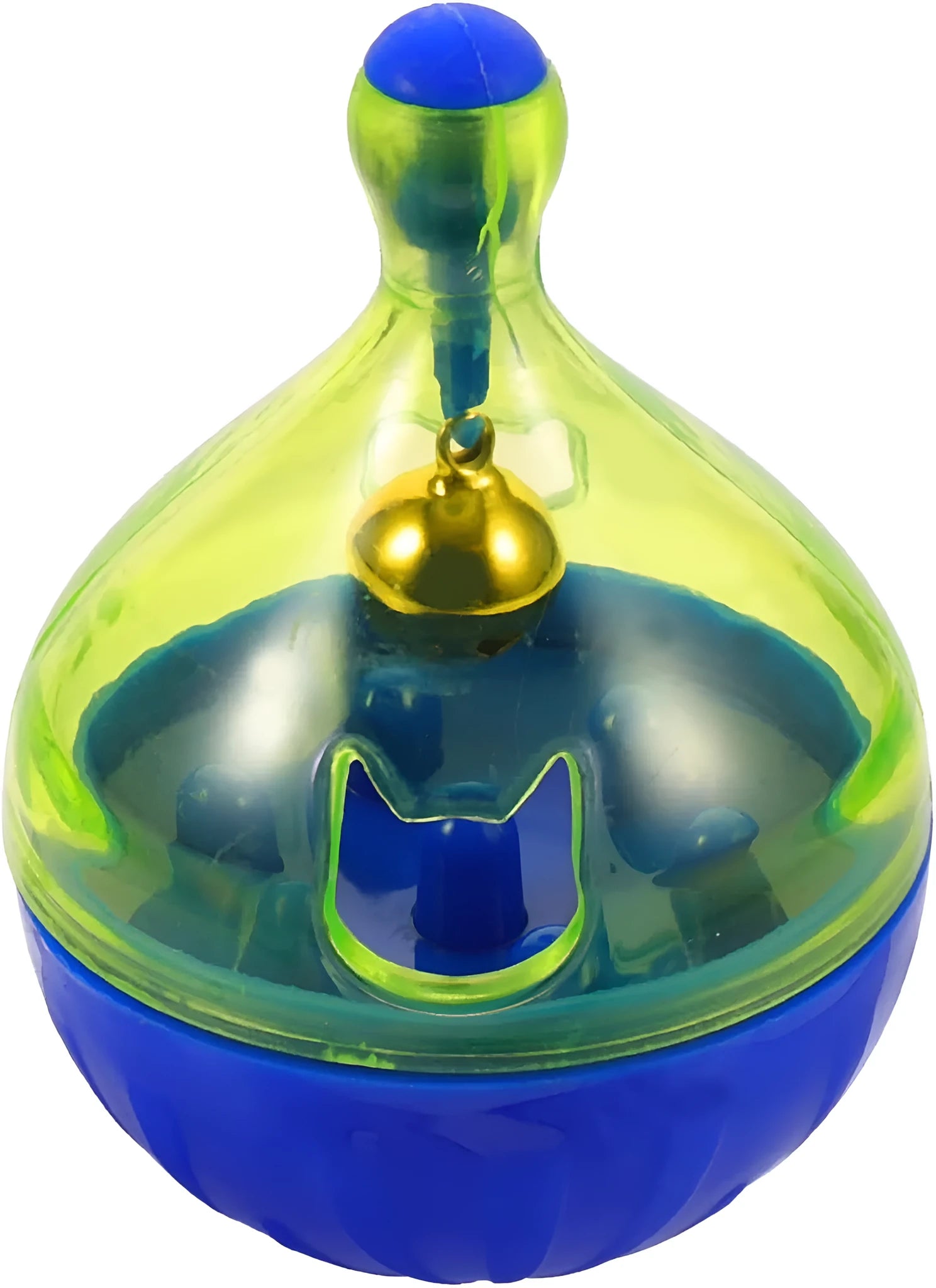 Light grey interactive pet treat dispenser ball with tumbler shape on a wooden floor.
