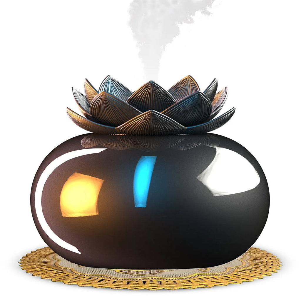 Pure black lotus-shaped ultrasonic humidifier with USB cable and single mist outlet