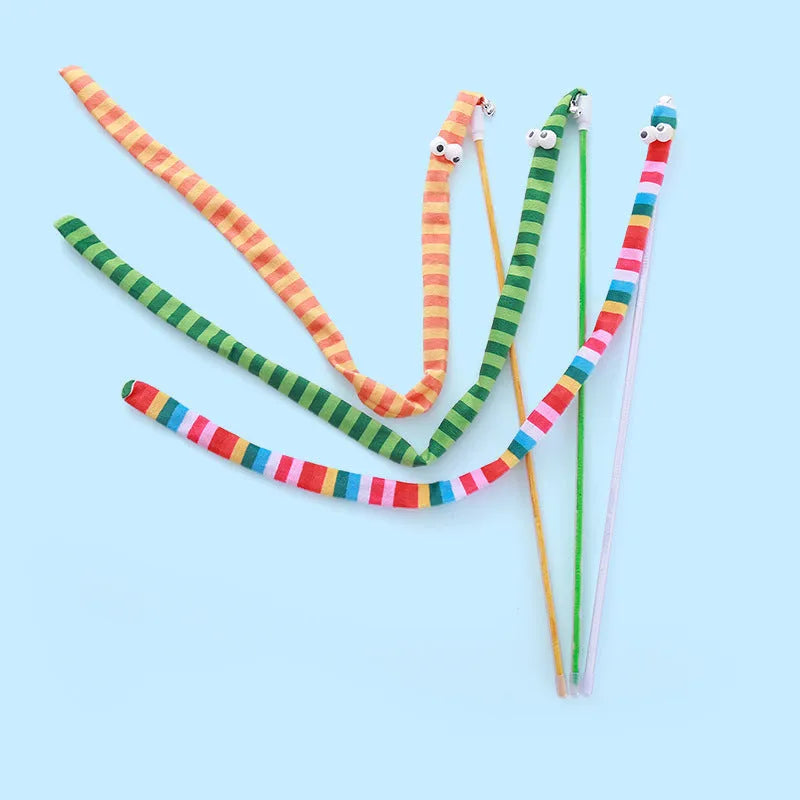 Cat wand toy with polycarbonate pole and long plush strip in green, orange, or rainbow