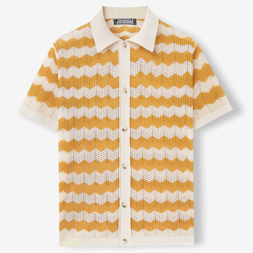 Yellow hollow jacquard corrugated short sleeve sweater with flocking detail on hanger