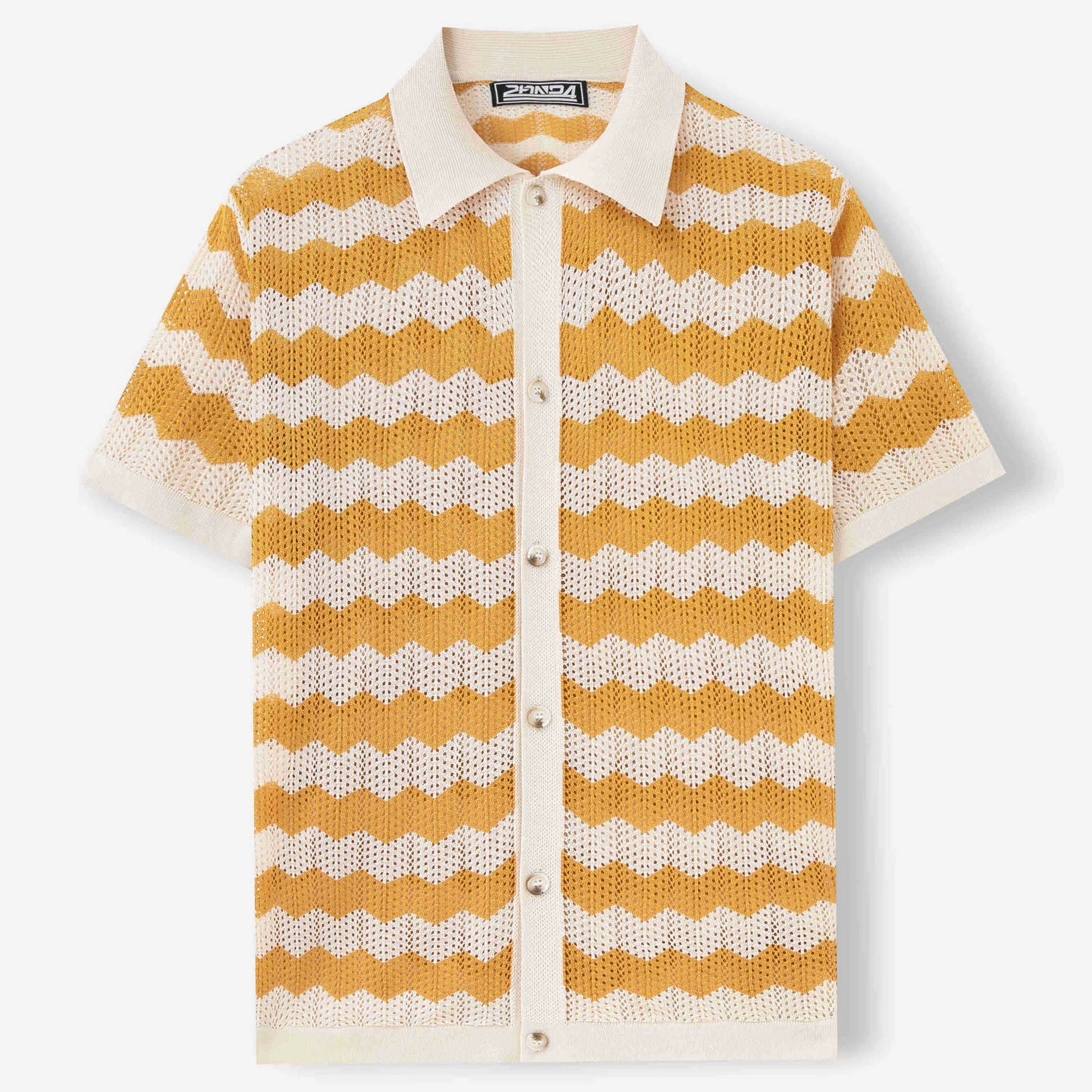 Yellow hollow jacquard corrugated short sleeve sweater with flocking detail on hanger